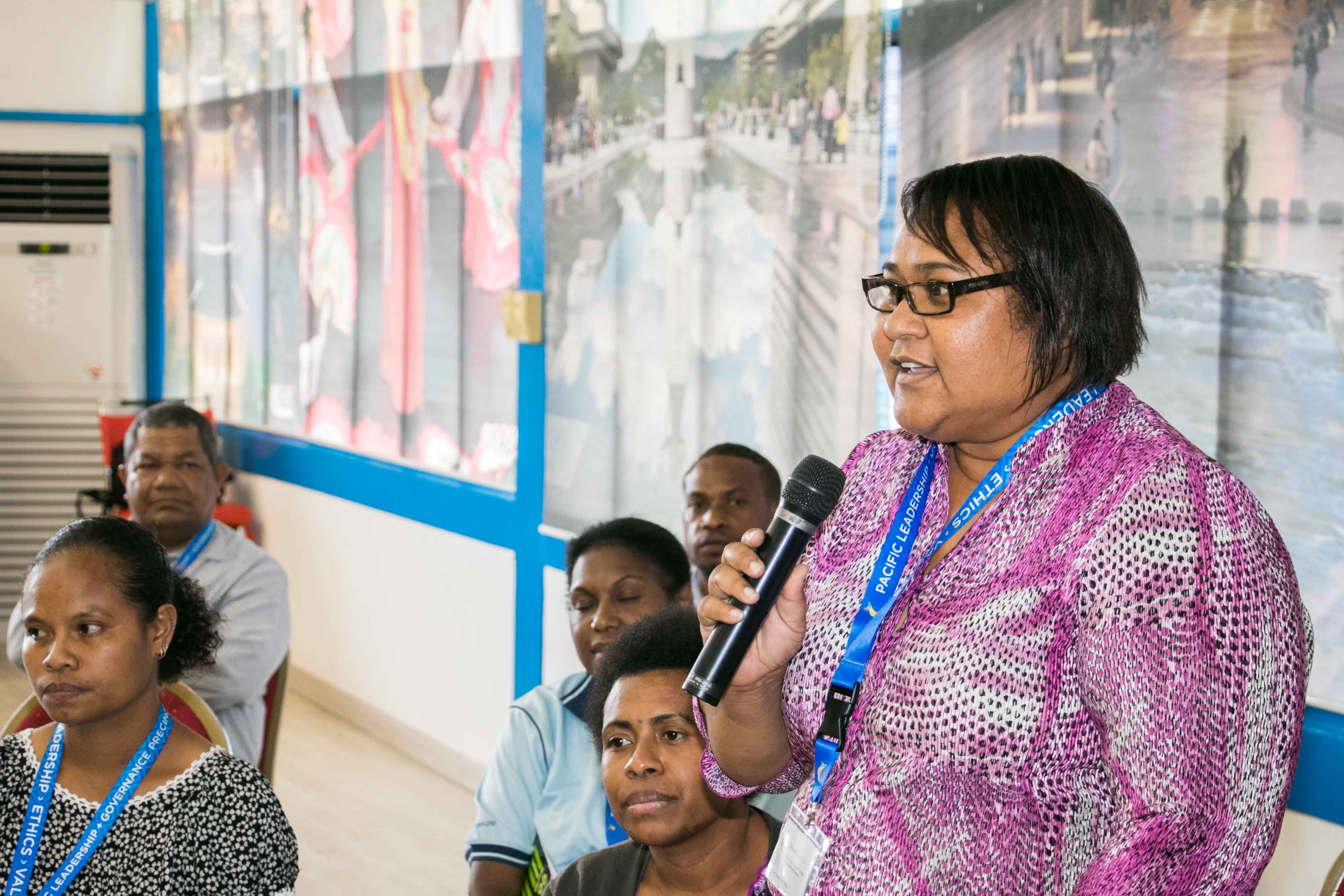 Future Leaders Program participant Wendy Tom Isu, Acting First Assistant Secretary at the Department of Treasury, speaks to Dr Stone about being a champion of gender equity in the Papua New Guinea public service